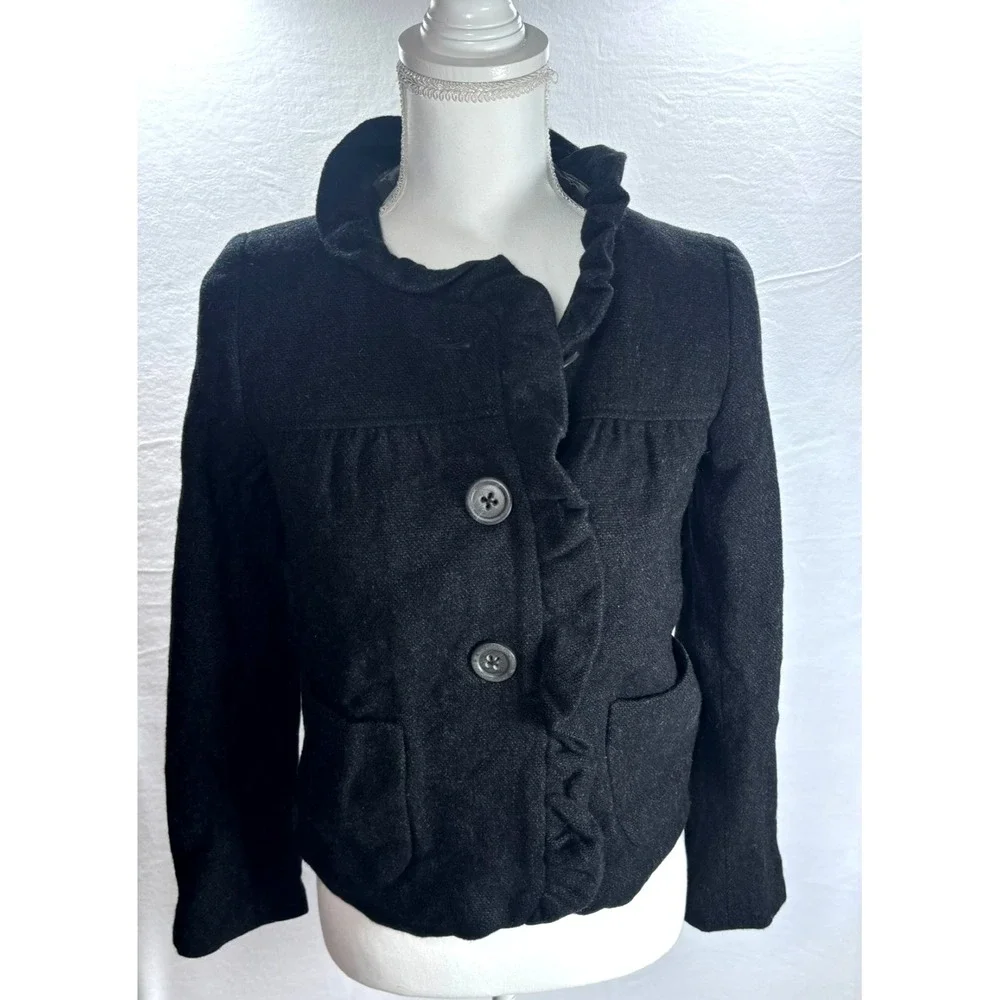 J CREW Jacket 100% Wool Ruffles Preppy‎ Black Academia Womens Sz 0 XS/Small - Picture 3 of 11